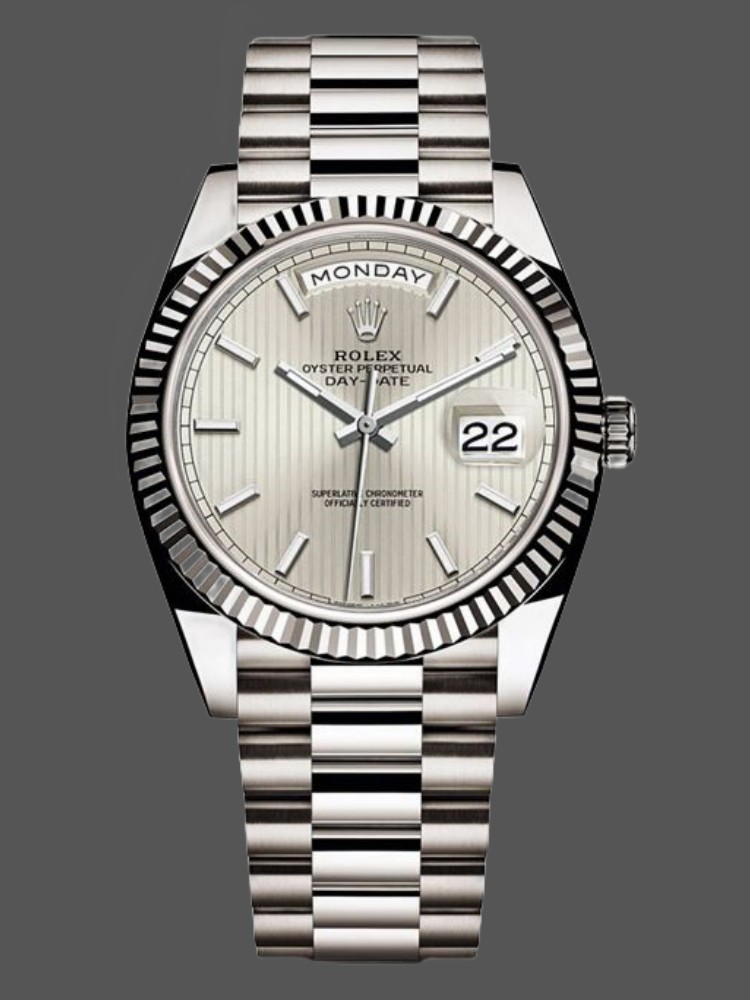 B5B5A77B-EB28-2ED8-25E9-FAD6207B5BA3 Rolex Day-Date 228239 Silver Stripe Motif Dial Fluted Bezel 40mm Mens Replica Watch - Image 1