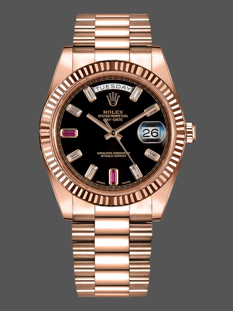 B6EDABBC-0E9E-F2C8-96B8-D72BF94A0993 Rolex Day-Date 218235 Diamonds and Rubies Black Dial Rose Gold 41MM Mens Replica Watch - Image 1