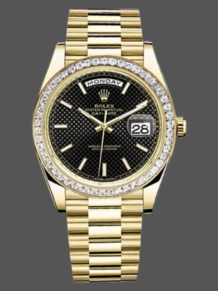 B78D025D-B485-992A-F98B-DDCC489E20A0 Rolex Day-Date 228398TBR Black Diagonal Motif Dial Diamond Bezel 40mm Mens Replica Watch - Image 1