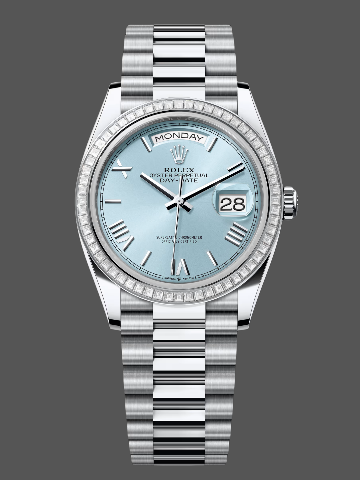 B822FED4-4FFB-0251-7FA3-C1A2D74D0B52 Rolex Day Date 36 Diamond Bezel Ice Blue Roman Dial m128396tbr 0019 - Image 1