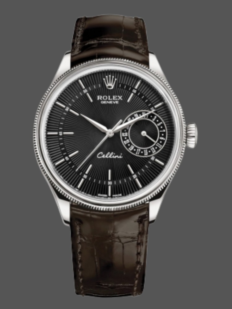BCBE5F05-7727-64FE-E6E3-F5E4C45370F9 Rolex Cellini Date 50519 Brown Leather Black Dial 39mm Mens Replica Watch - Image 1