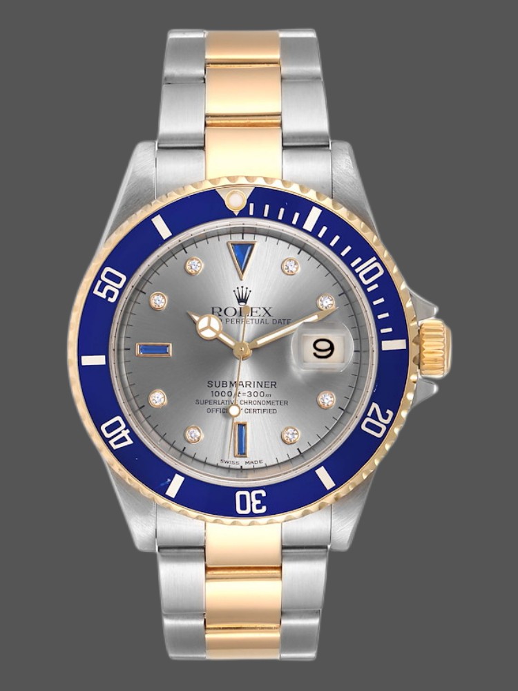 BD52C01A-3350-8FDD-749C-C24E3AA38454 Rolex Submariner 16613 Steel Gold Diamond Sapphire Serti Dial 40mm Mens Replica Watch - Image 1