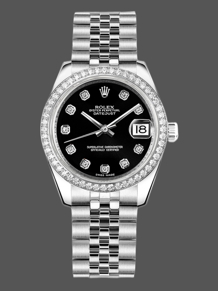 BE1AAAEB-0F3E-DFF6-3EA1-BBC664ACC88D Rolex Datejust 178384 Diamond Bezel Black Diamond Dial 31MM Lady Replica Watch - Image 1