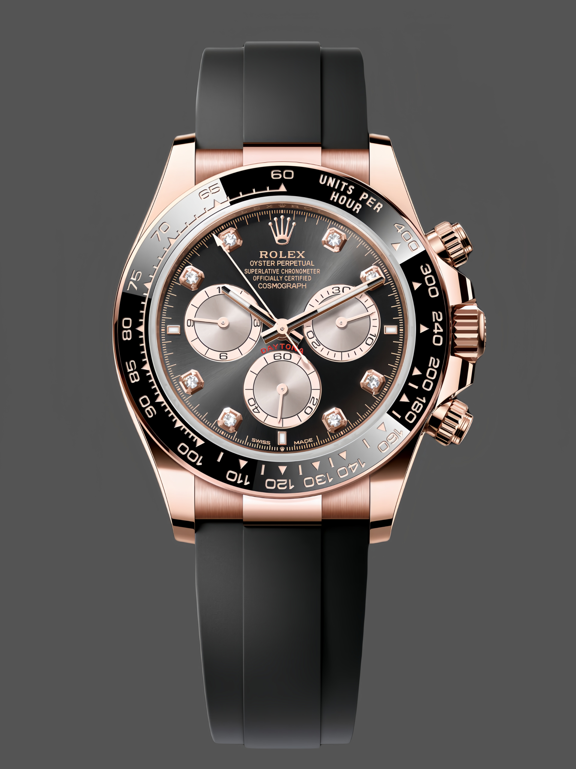 BF2A948D-6AFC-D965-FD81-D07DD0B3C7C3 Rolex Daytona Everose Rubber 126515LN 0004 Black Dial Diamond Watch - Image 1
