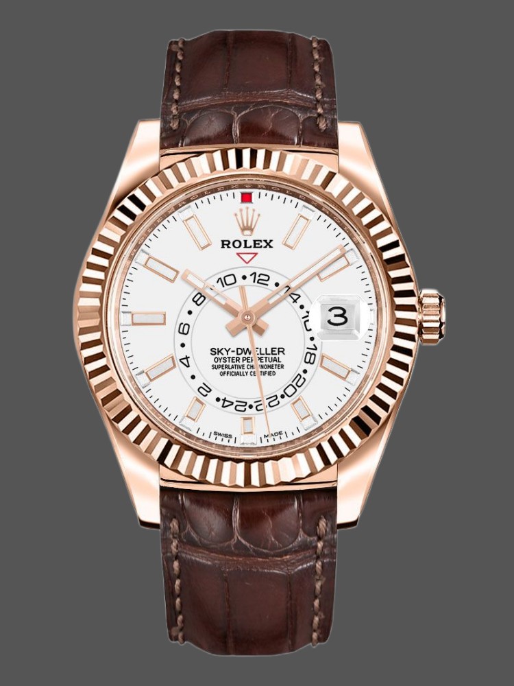C2F14AEF-C83F-B7AE-7512-D7C3FA80127F Rolex Sky-Dweller 326135 White Dial Rose Gold 42MM Mens Replica Watch - Image 1