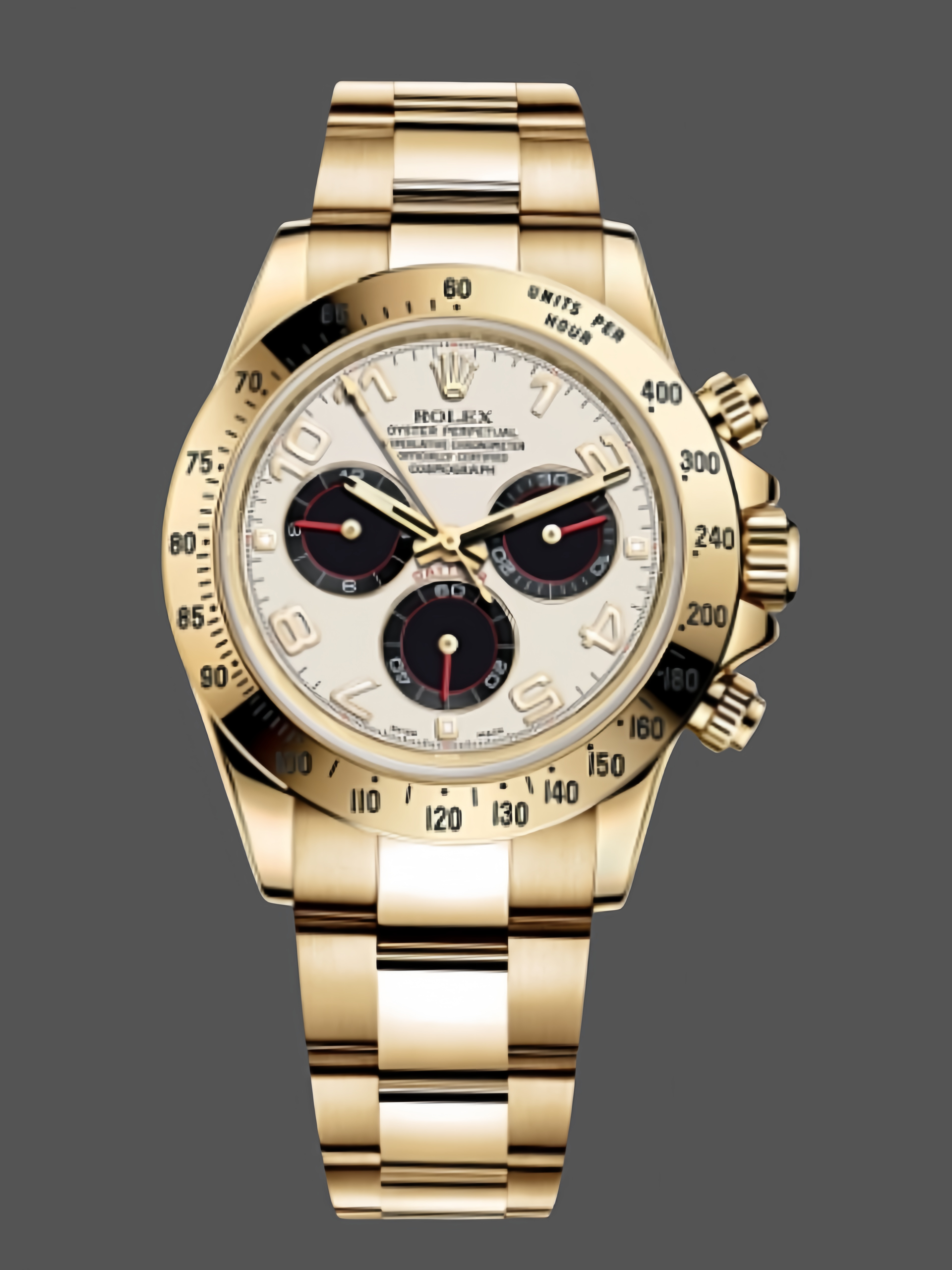 C34BF9AF-BB55-5E2E-2EE0-C80E4B3913FB Rolex Daytona 116528 White Arabic Dial Yellow Gold 40mm Mens Replica Watch - Image 1
