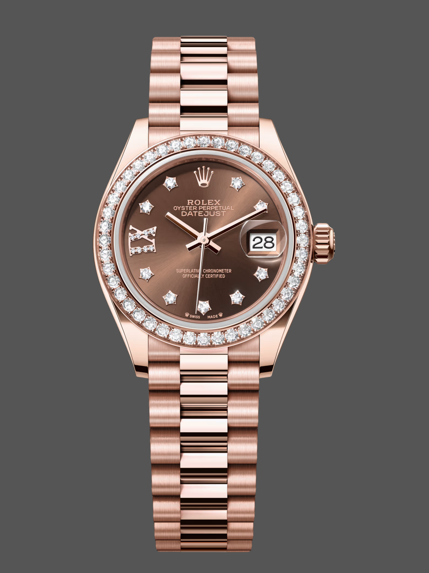 C6894708-BE6C-5E0E-8A70-9AB0F501763F Rolex Datejust 28mm Everose Gold 279135RBR 0001 Chocolate 17 Diamond President Lady - Image 1