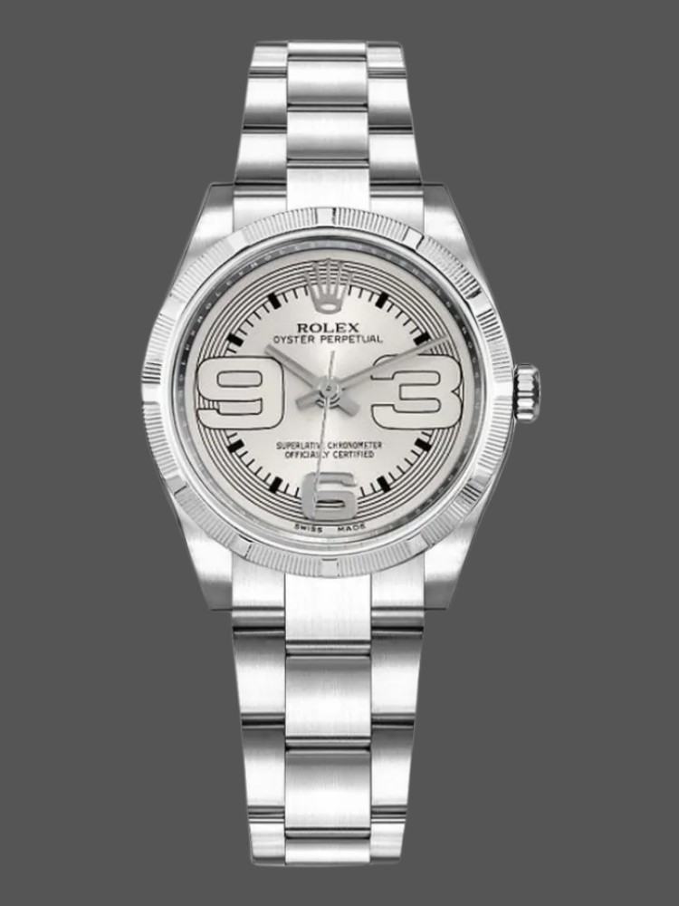 C8D9785C-CF64-F199-777E-5B2FD0BDF726 Rolex Oyster Perpetual 177210 Silver Maxi Arabic Dial 31mm Lady Replica Watch - Image 1