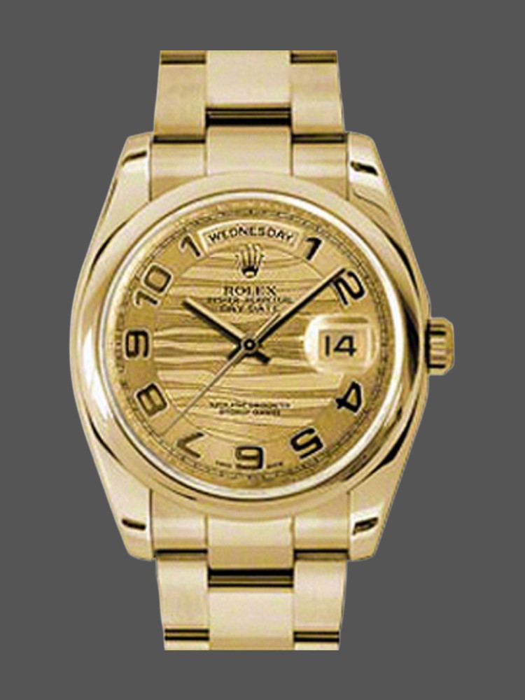 CA202F1C-5203-0625-0979-6D84DC63A3B3 Rolex Day-Date 118208 Yellow Gold Arabic Numeral Wave Champagne Dial 36mm Unisex Replica Watch - Image 1