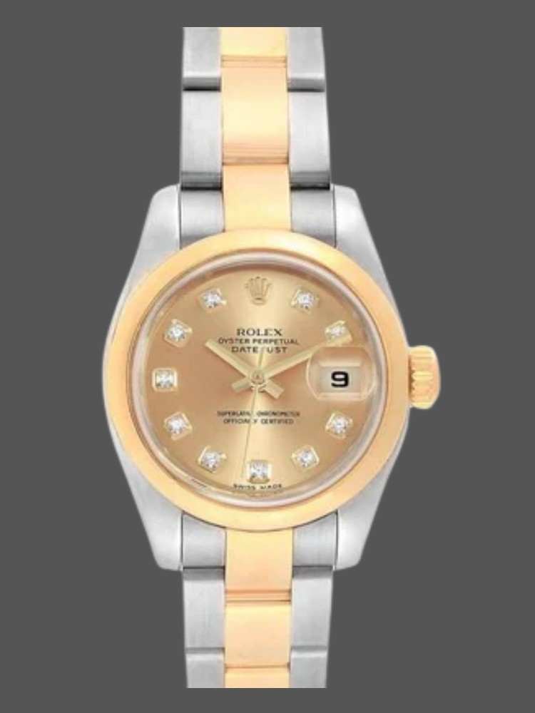 CDD37049-BD4E-5667-F4C5-6845BF0D7C4D Rolex Datejust 179163 Champagne Dial Domed Dezel 26MM Lady Replica Watch - Image 1