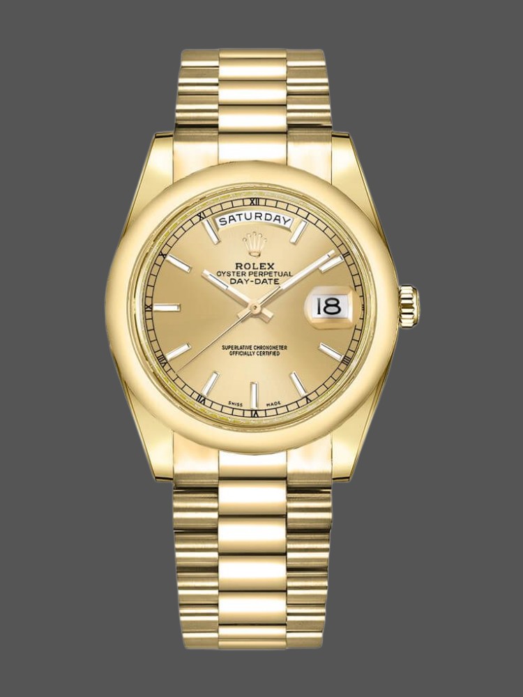 CF55DA1E-355E-A00E-346B-6FA69CE26085 Rolex Day-Date 118208 Yellow Gold Champagne Dial 36mm Unisex Replica Watch - Image 1