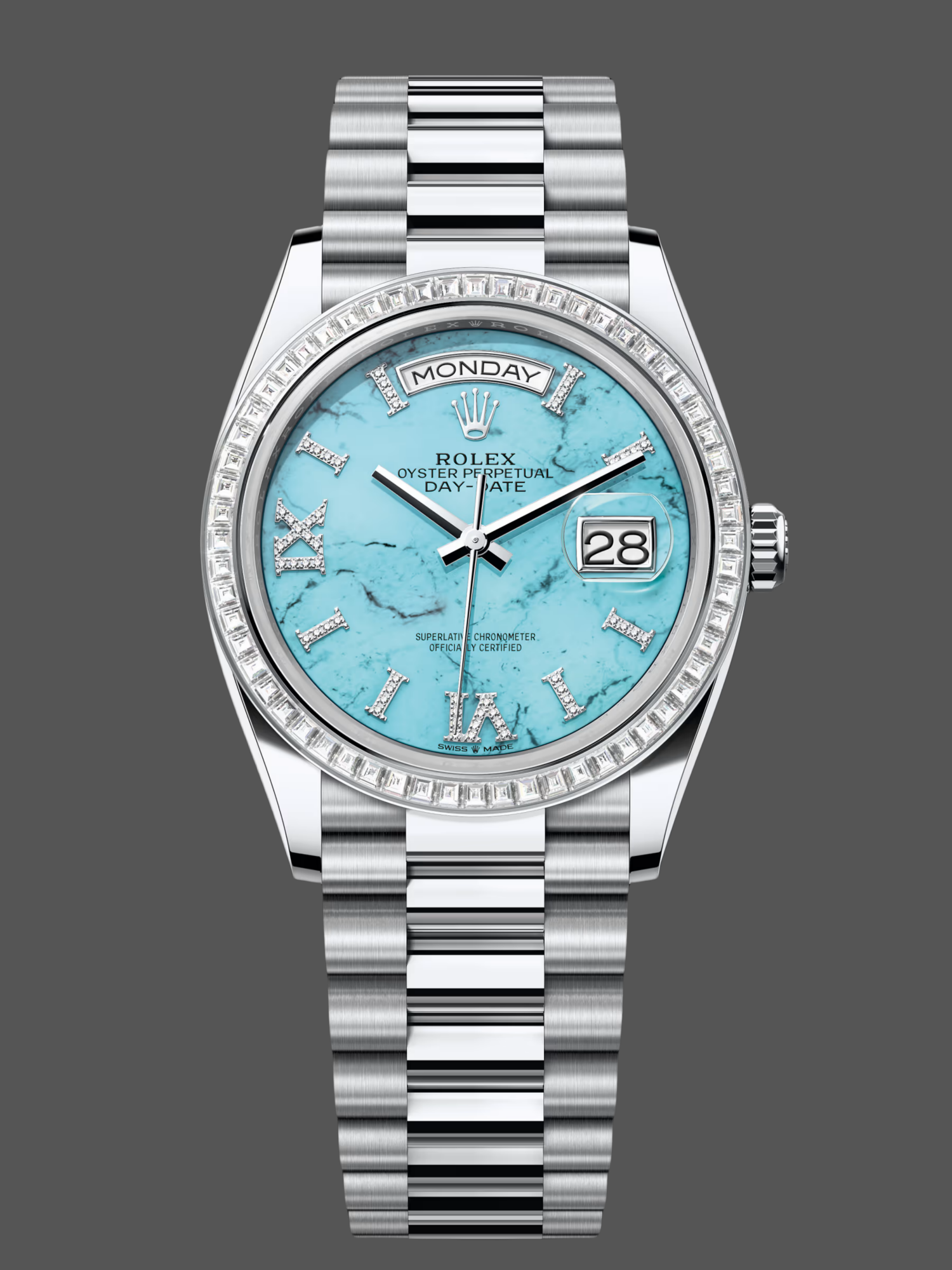 CF587458-E8EC-1C41-CFBF-3EFA8F913121 Rolex Day Date 36 Platinum Turquoise Diamond-Set Roman Dial Diamond Bezel m128396tbr 0016 - Image 1