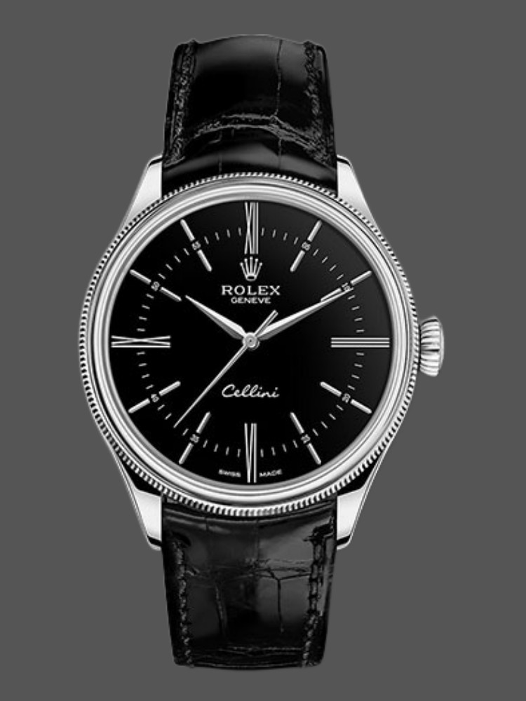 D1693395-B2EC-4593-26E2-ED2695717E15 Rolex Cellini Time 50509 Black Leather Strap Black Dial 39mm Mens Replica Watch - Image 1