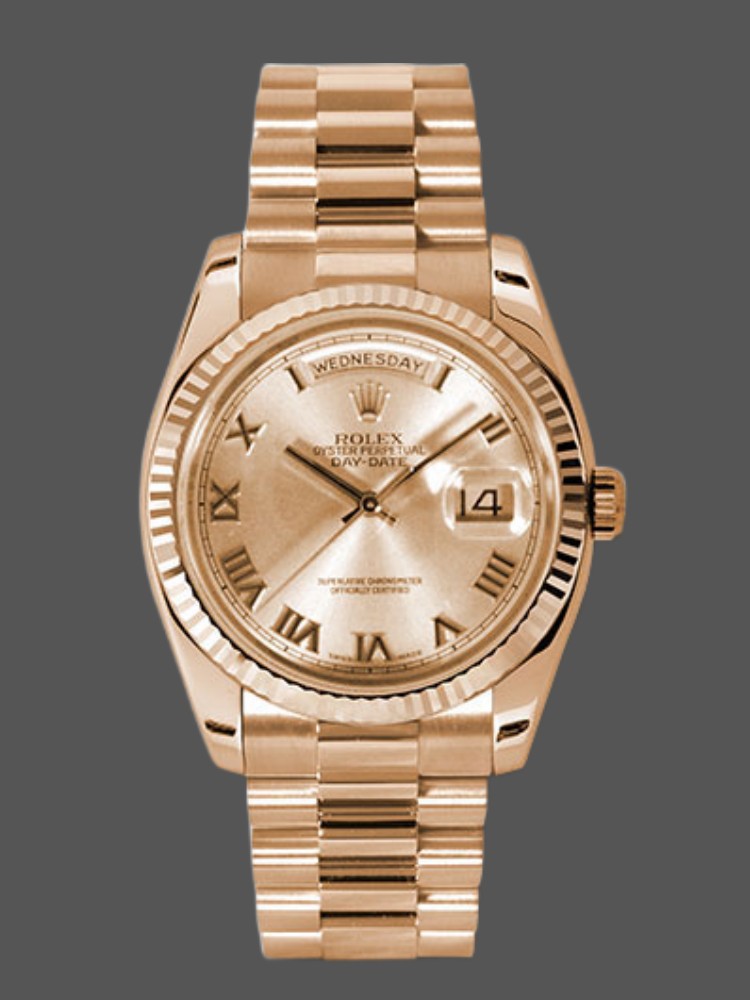 D19E7AC1-F701-4785-2773-E6A68AD71106 Rolex Day-Date 118235 Rose Champagne Roman Dial 36mm Unisex Replica Watch - Image 1