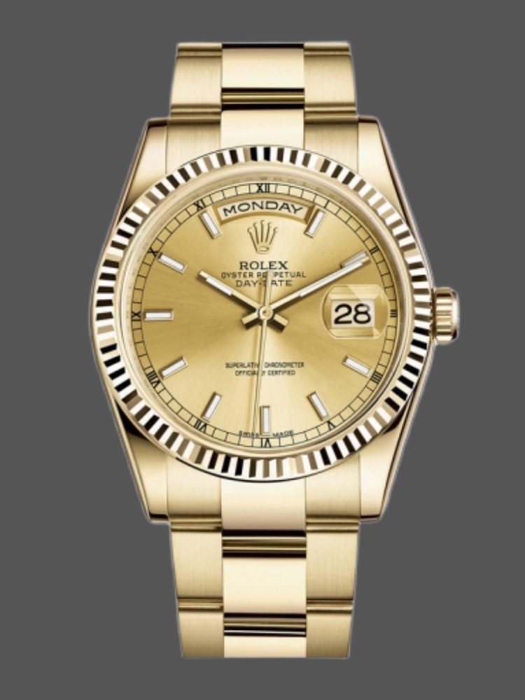 D1ED8B52-C1C6-3972-708C-25C8517FBFF7 Rolex Day-Date 118238 Yellow Gold Fluted Bezel Champagne Dial 36mm Unisex Replica Watch - Image 1