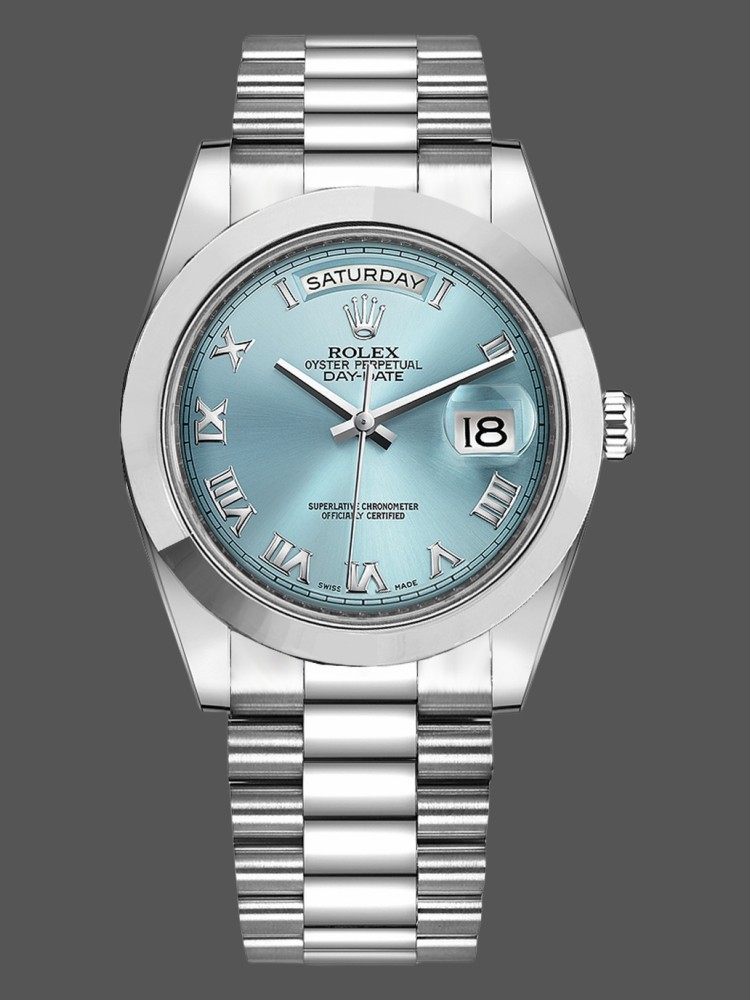 D2E01445-DC0A-4865-7C24-A64AD5B05B54 Rolex Day-Date 218206 Ice Blue Roman Numeral Dial Platinum 41MM Mens Replica Watch - Image 1