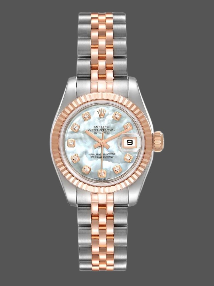 D2FF6DDC-5B01-8057-8D02-73605192B169 Rolex Datejust 179171 White MOP Diamond Dial Fluted Bezel 26MM Lady Replica Watch - Image 1