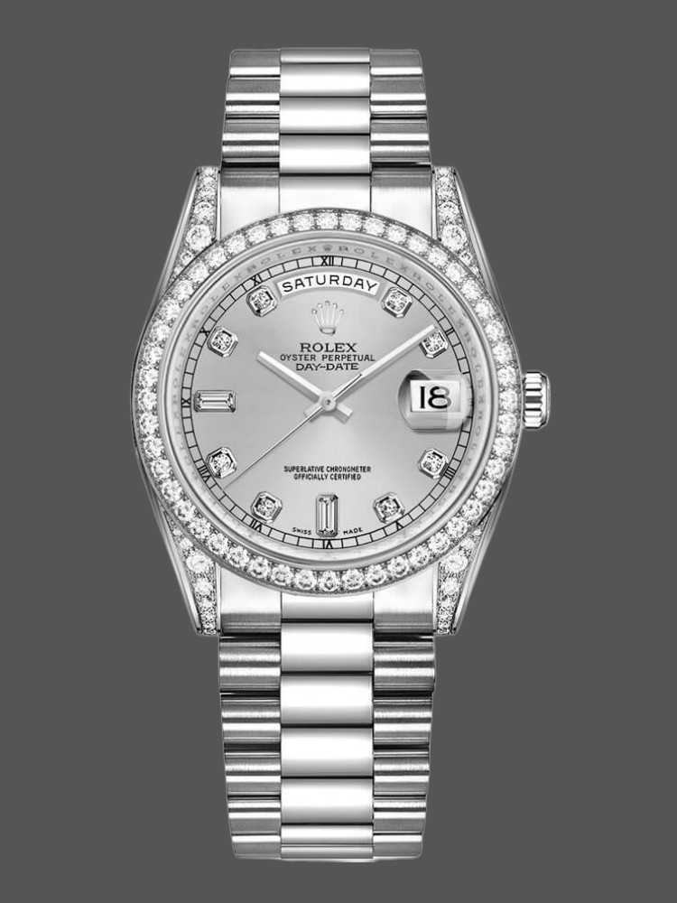 D67B49E9-E00B-B796-BF5D-DB46EF483093 Rolex Day-Date 118389 White Gold Silver Diamond dial 36MM Unisex Replica Watch - Image 1