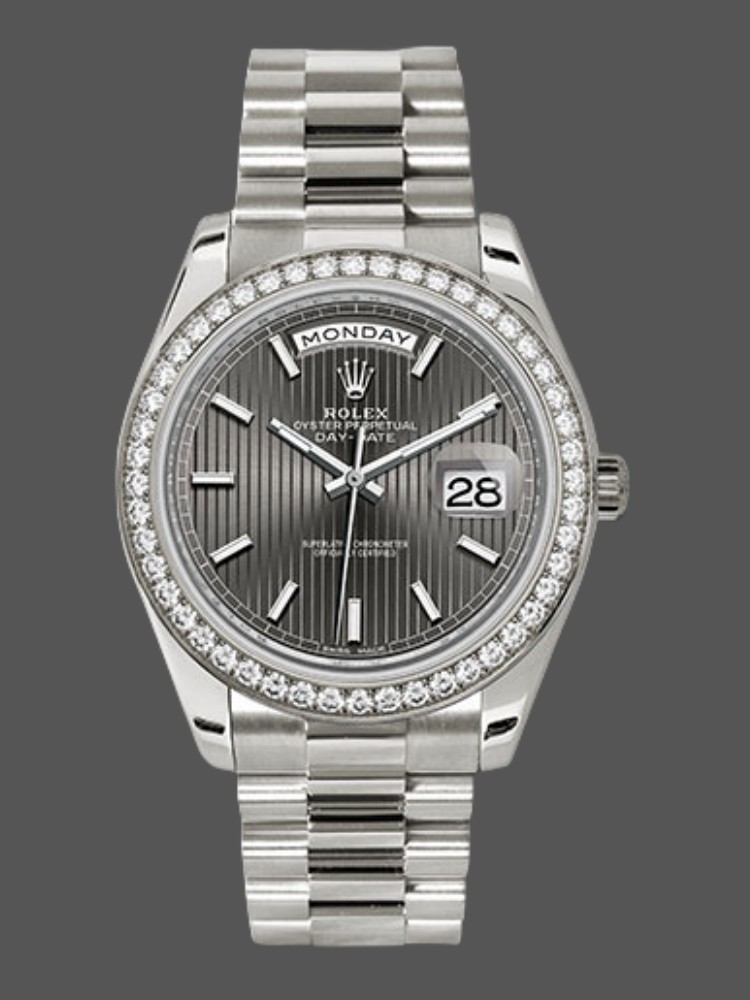 D7997017-FECC-F4AD-D83A-41FF16D8353A Rolex Day-Date 228349RBR Dark Rhodium Dial Diamond Bezel 40mm Mens Replica Watch - Image 1