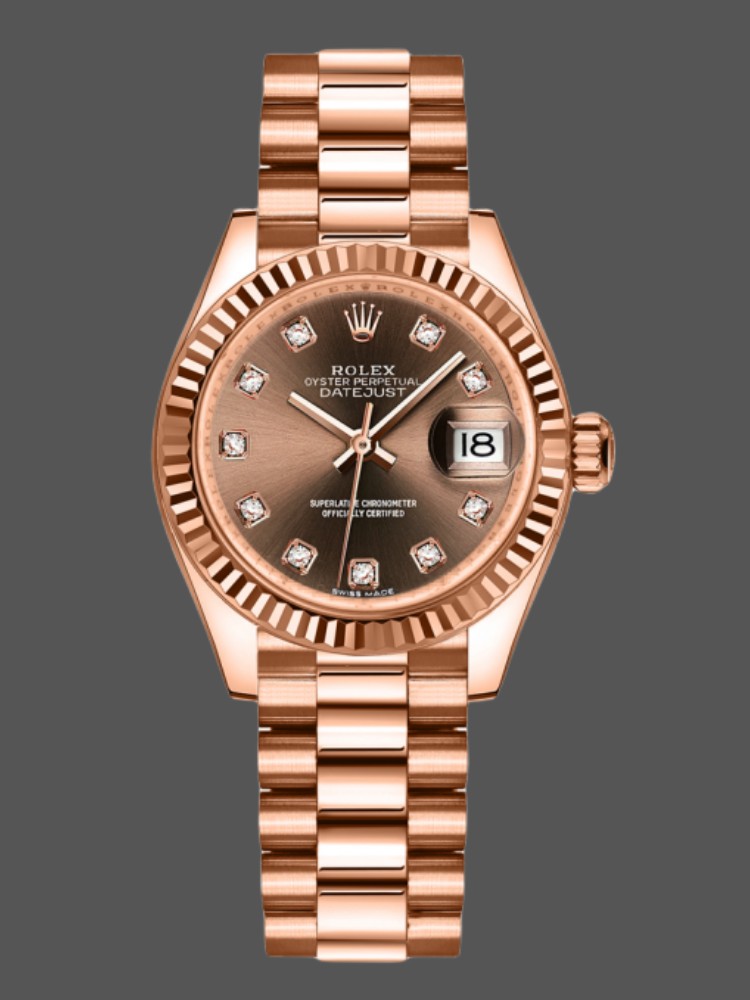 D90C90AE-40D3-E947-955A-295B1BC1C961 Rolex Datejust 279175 Chocolate Diamonds Dial Fluted Bezel 28mm Lady Replica Watch - Image 1