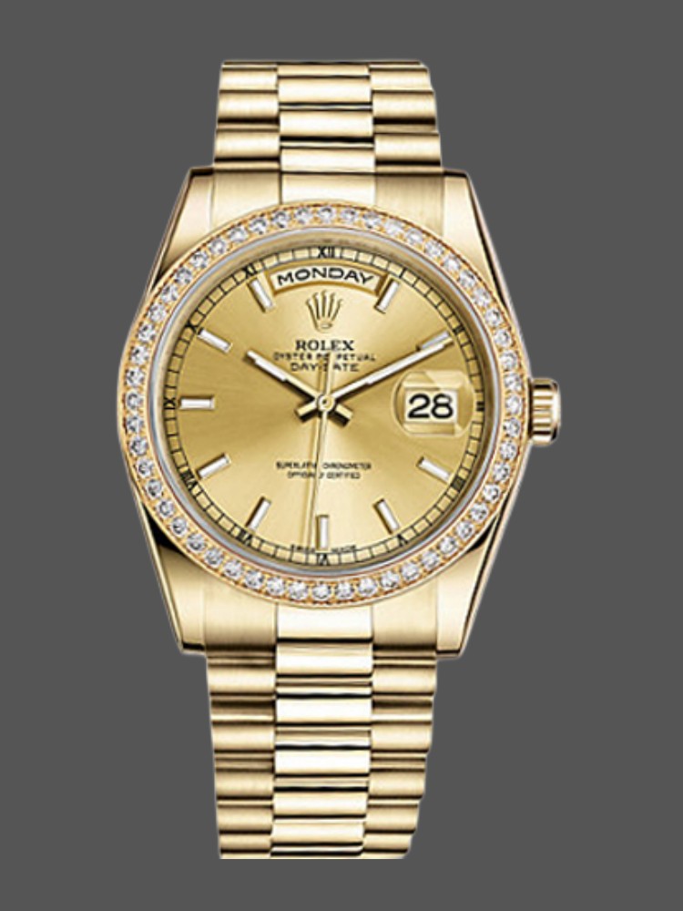 DA8DB0A6-E2D6-A4D5-C173-4E51150DE86B Rolex Day Date 118348 Champagne Index Dial Yellow Gold 36mm Unisex Replica Watch - Image 1