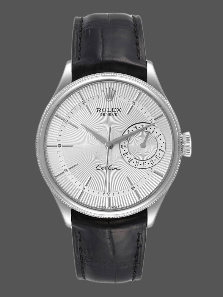E0122C13-B24F-1FA6-8F7C-95E87C443571 Rolex Cellini Date 50519 Black Leather Silver Dial 39mm Mens Replica Watch - Image 1