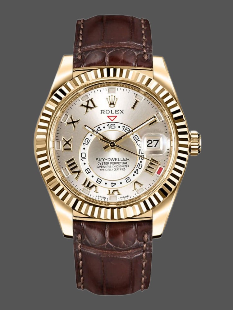 E09F61B1-CF42-C92D-4362-D1170F7275AB Rolex Sky-Dweller 326138 Sunray Silver Dial Yellow Gold 42MM Mens Replica Watch - Image 1