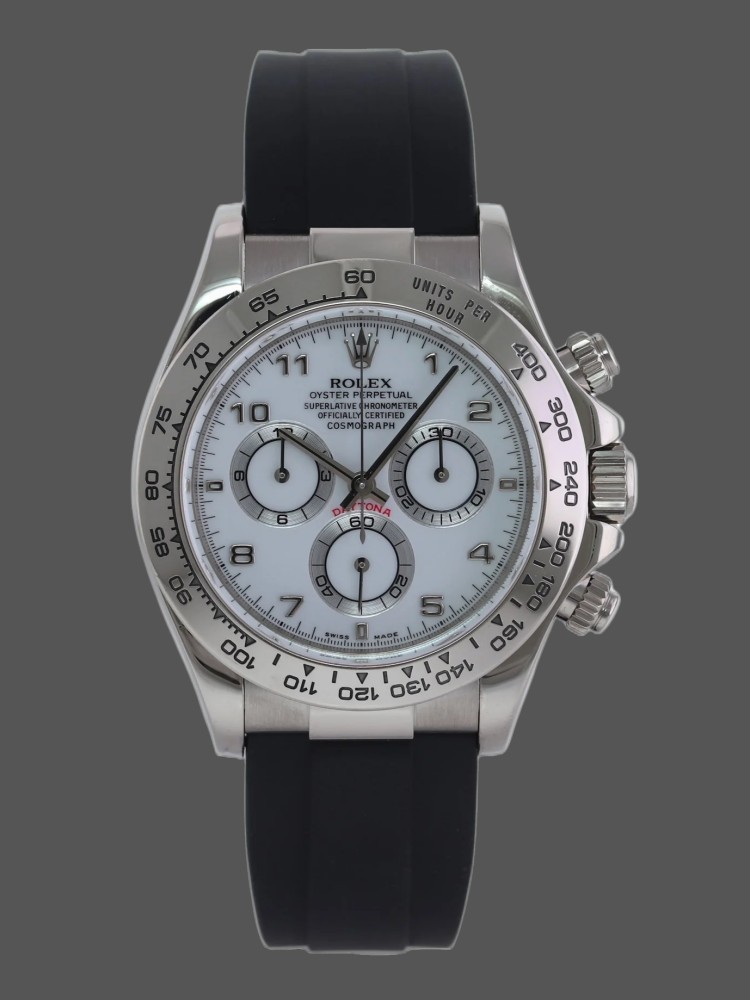 E10804C2-7936-FD4C-3770-99E585B1250B Rolex Daytona 116519 white Arabic dial Black Rubber strap 40mm Mens Replica Watch - Image 1