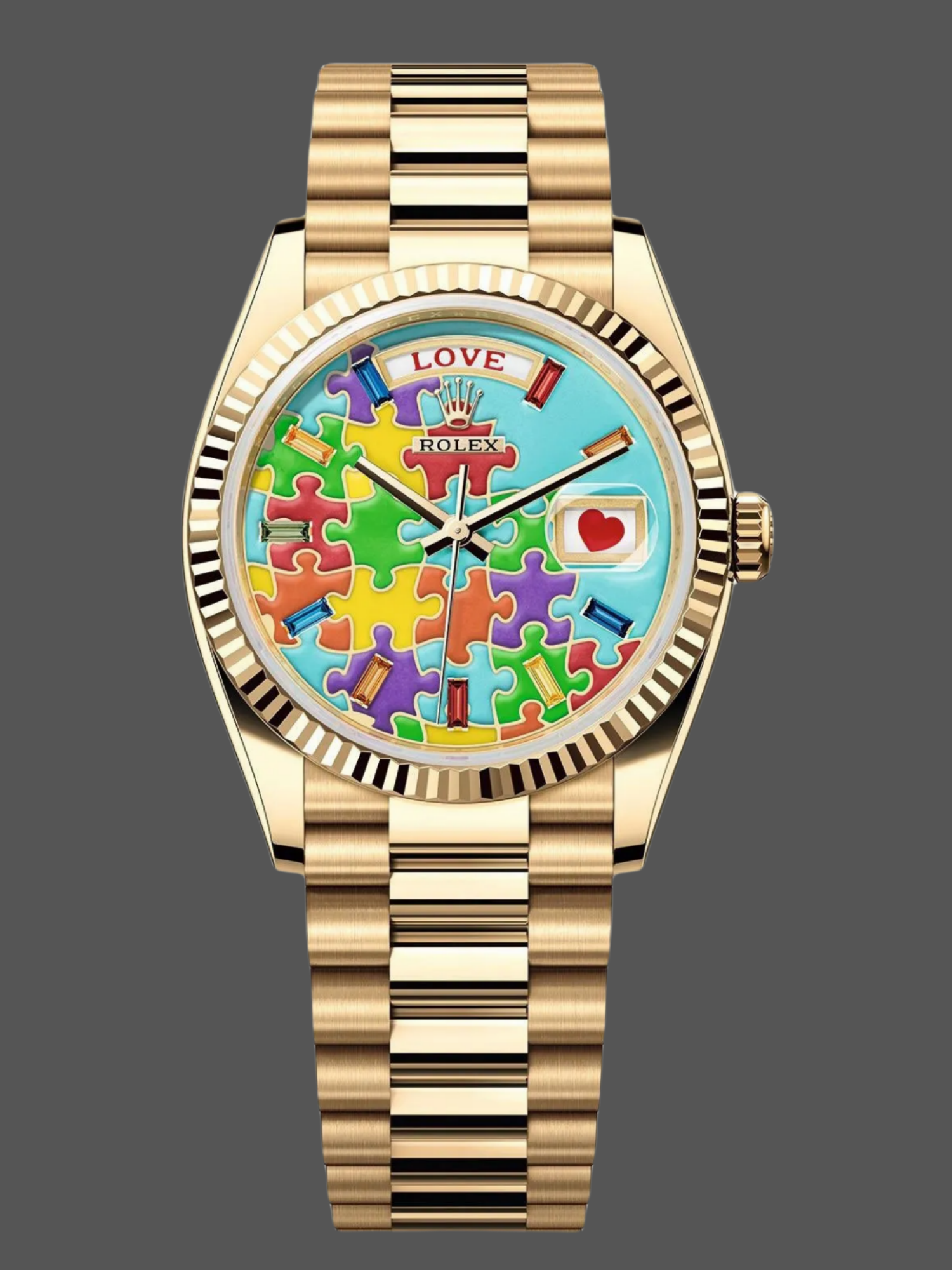 E35513B0-7DE4-A09D-AA9B-489FE1AB09DB Rolex Day Date 128238-0106 36mm Yellow Gold Fluted Bezel Emoji Puzzle Dial - Image 1