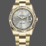 Rolex Day-Date 118238 Yellow Gold Silver dial Fluted Bezel 36mm Unisex Replica Watch