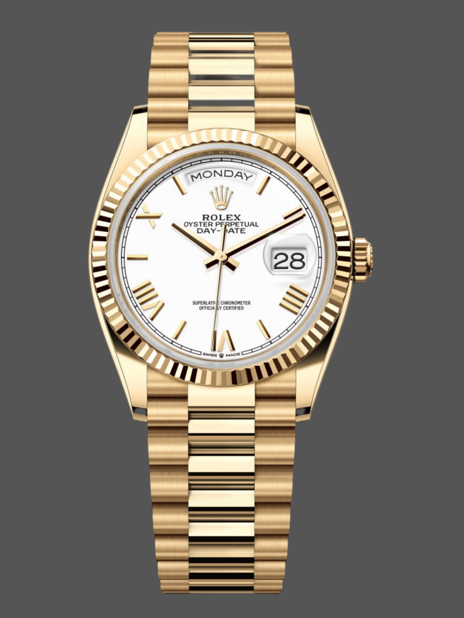 EA44D617-AE64-DA2B-F094-6D23A8A4595E Rolex Day-Date 128238 Fluted Bezel White Roman Dial 36MM Replica Watch - Image 1