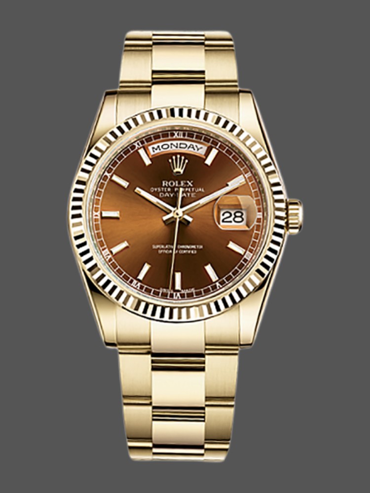 EA8EADC0-74B8-B7AD-FF54-C31BB792FEB2 Rolex Day-Date 118238 Index Cognac Dial Fluted Bezel 36mm Unisex Replica Watch - Image 1