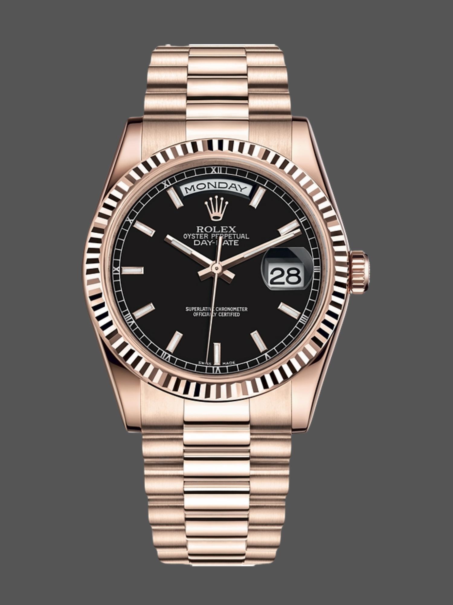 EBC1D58E-5C92-0CE1-9DBC-330A46EC33C7 Rolex Day-Date 118235 Black Dial Rose Gold 36mm Unisex Replica Watch - Image 1