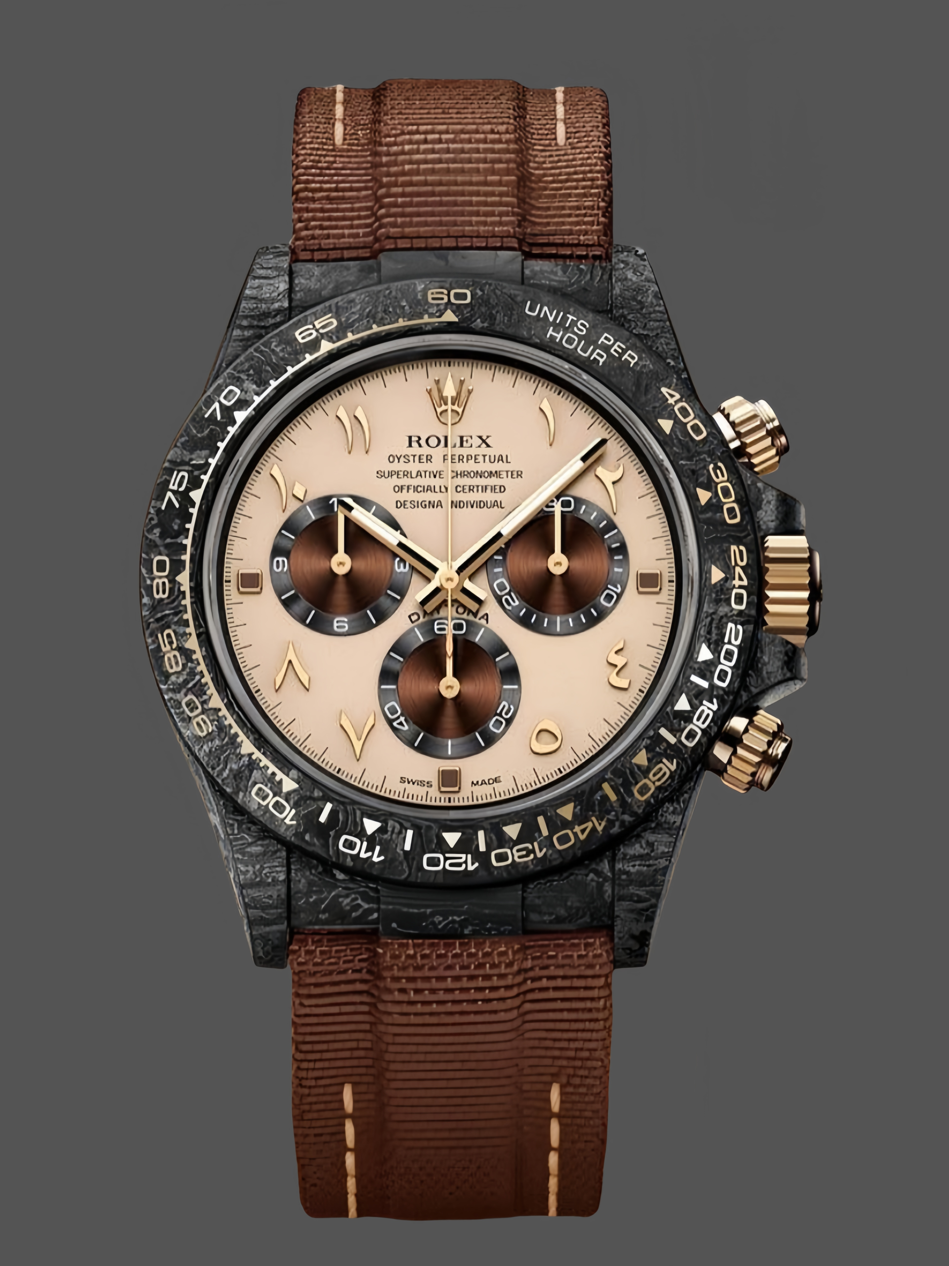 EF60E623-A9A2-F925-9DF5-D7460FC5F2EB Rolex Daytona DIW Desert Eagle Arabic Carbon Fiber Customised Cream Dial 40 mm - Image 1