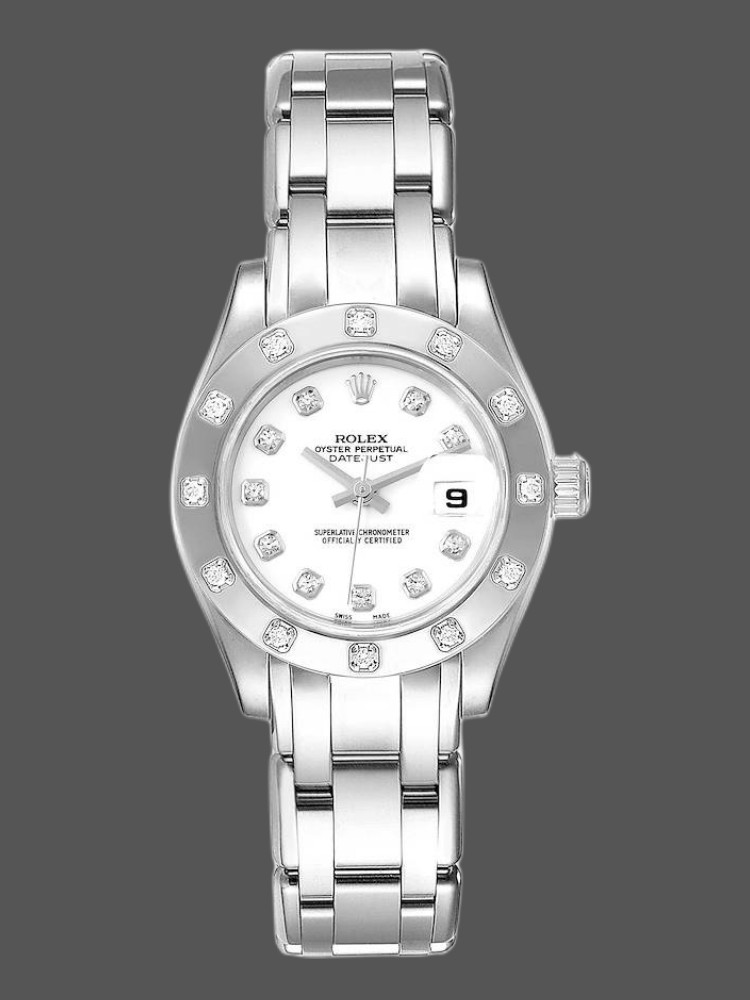 F103778D-506E-3B19-74D8-9B10B2AF5338 Rolex Pearlmaster 80319 White Dial Diamond 29MM Lady Replica Watch - Image 1