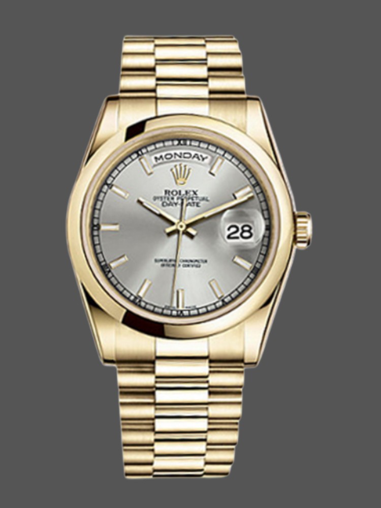 F2D5AB49-BD9E-12E2-18DF-E340ABE9A21E Rolex Day-Date 118208 Silver Dial Domed Bezel 36mm Unisex Replica Watch - Image 1