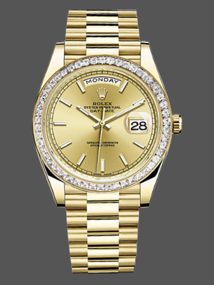 F44731E8-B578-BA96-1554-206A28B83801 Rolex Day-Date 228398TBR Champagne Index Dial Diamond Bezel 40mm Mens Replica Watch - Image 1