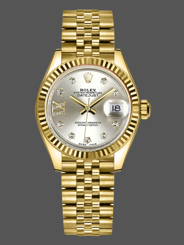 F520F515-002C-0DF6-95D7-6F93ACA79376 Rolex Datejust 279178 Silver Dial Diamond Yellow Gold 28mm Lady Replica Watch - Image 1
