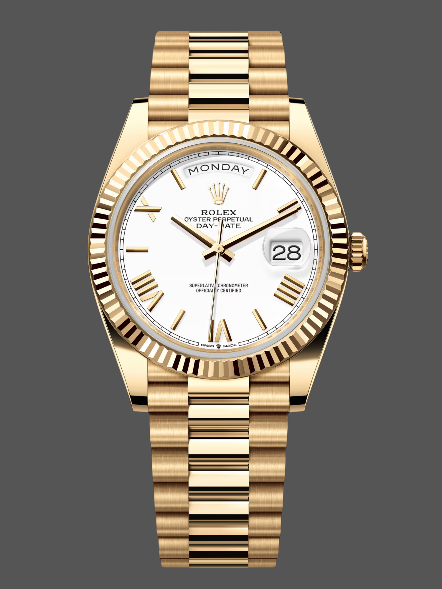 F5968140-DB22-74E3-78DC-EF81D767ECA3 Rolex Day-Date 228238 White Roman Dial Fluted Bezel 40mm Mens Replica Watch - Image 1