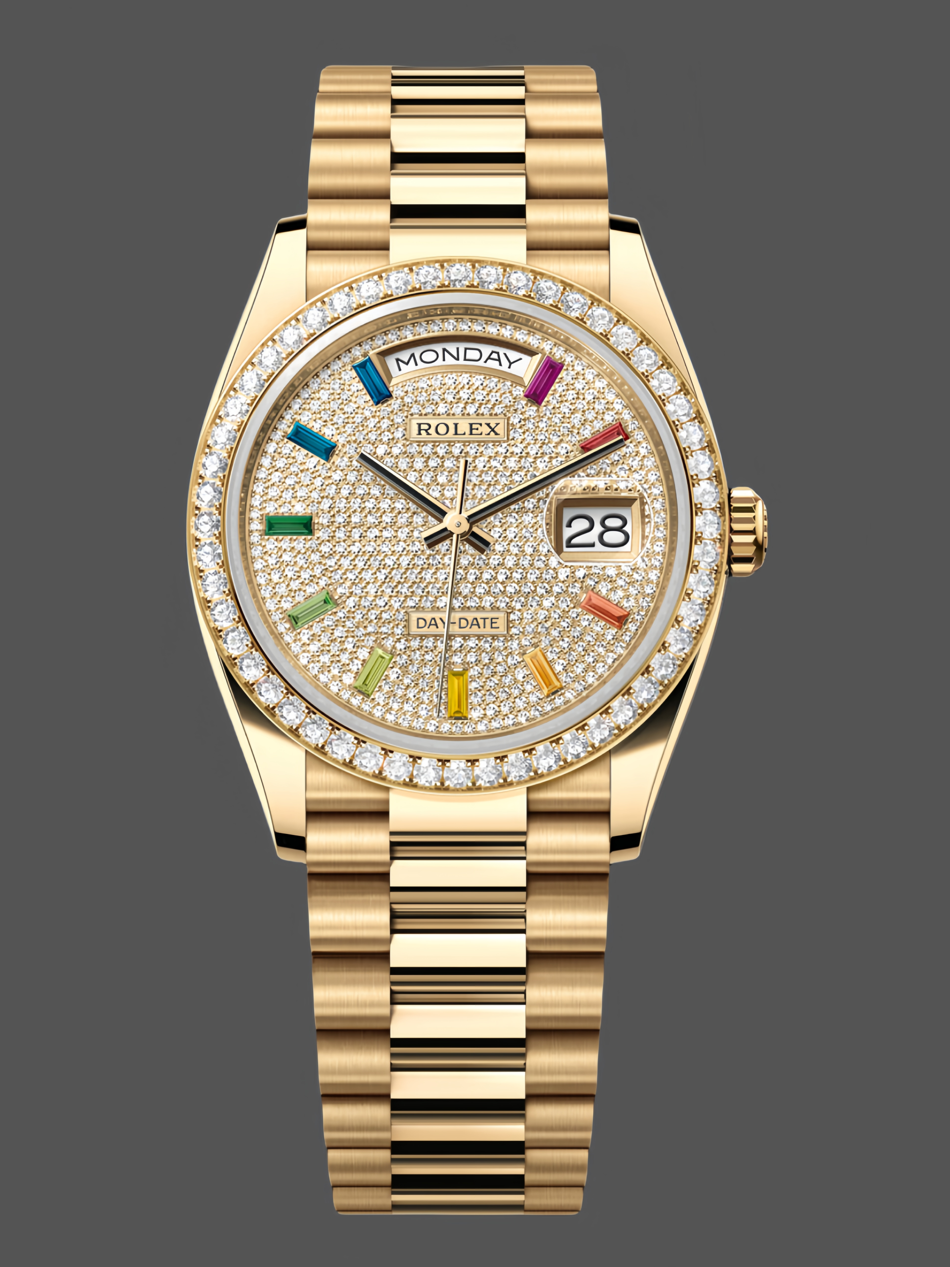 F960C141-3499-1D7A-B921-29ED9D60B185 Rolex Day Date 36mm Yellow Gold 128348RBR 0030 Pave Rainbow Diamonds Sapphires Dial - Image 1