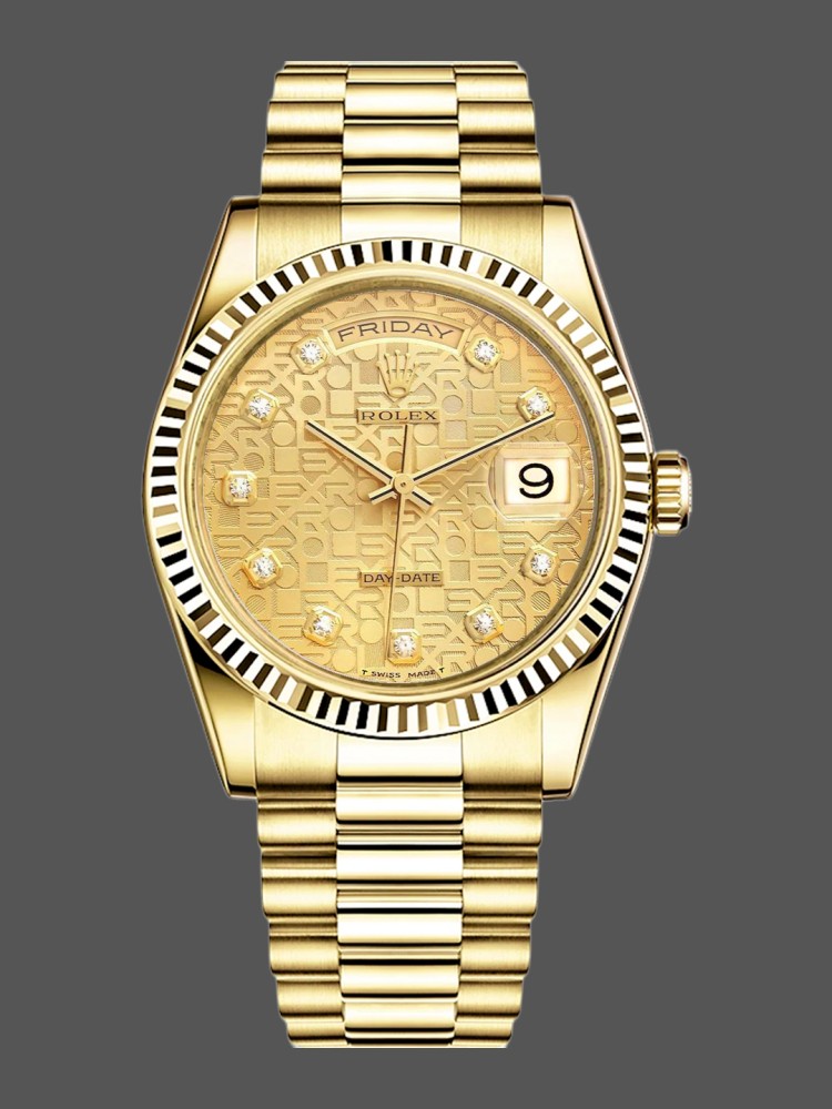 FB93157B-FFED-5D34-ED0B-341E77EED302 Rolex Day-Date 118238 Yellow Gold Champagne Jubilee Diamond Dial 36mm Unisex Replica Watch - Image 1