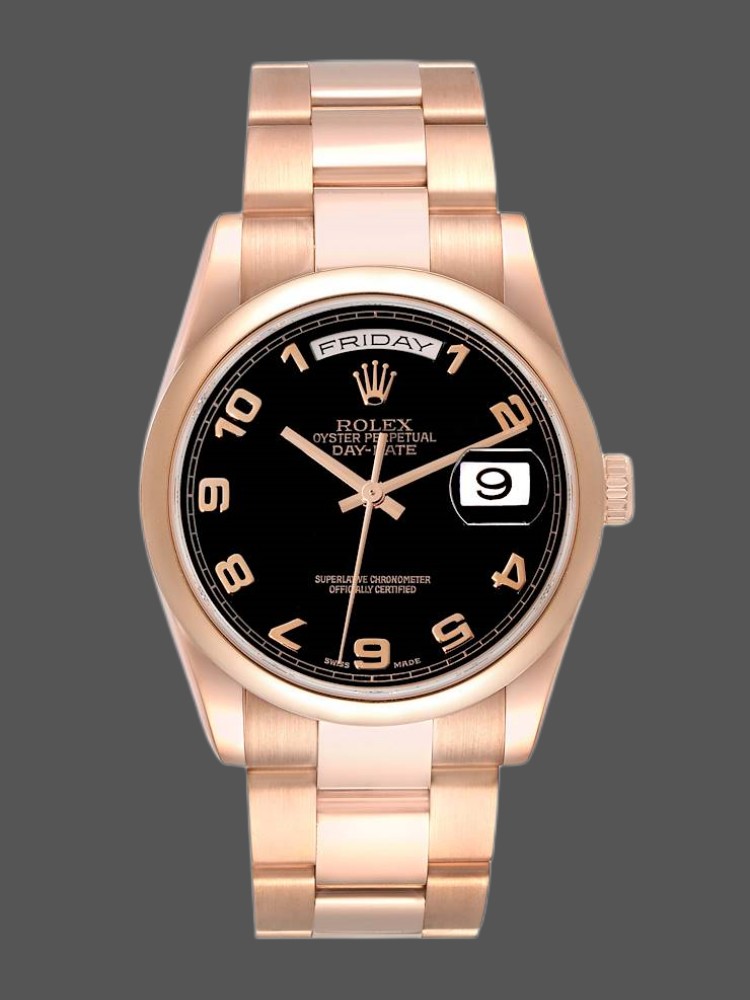 FBB8490F-90E0-1608-CE35-7FA1BD01D304 Rolex President Day Date 118205 Rose Gold Black Dial 36mm Unisex Replica Watch - Image 1