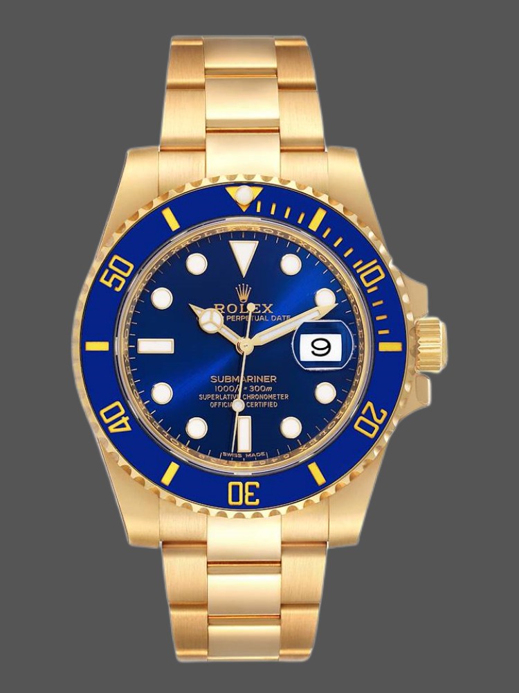 FBF6F8C7-6C28-8C0F-4AB0-C8F25CAA06B7 Rolex Submariner 116618 Yellow Gold Blue Dial 40mm Mens Replica Watch - Image 1