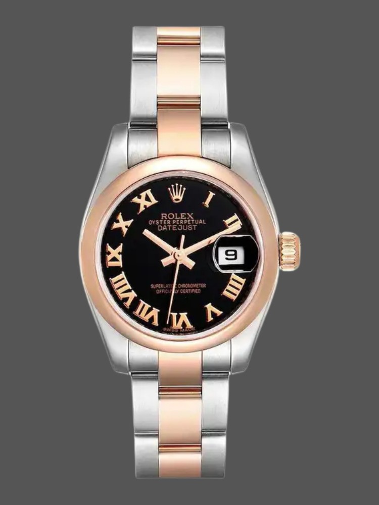 FC3461F7-5283-5D11-D02C-BC68930866C0 Rolex Datejust 179161 Stainless Steel and Everose Gold Black Roman Dial 26MM Lady Replica Watch - Image 1