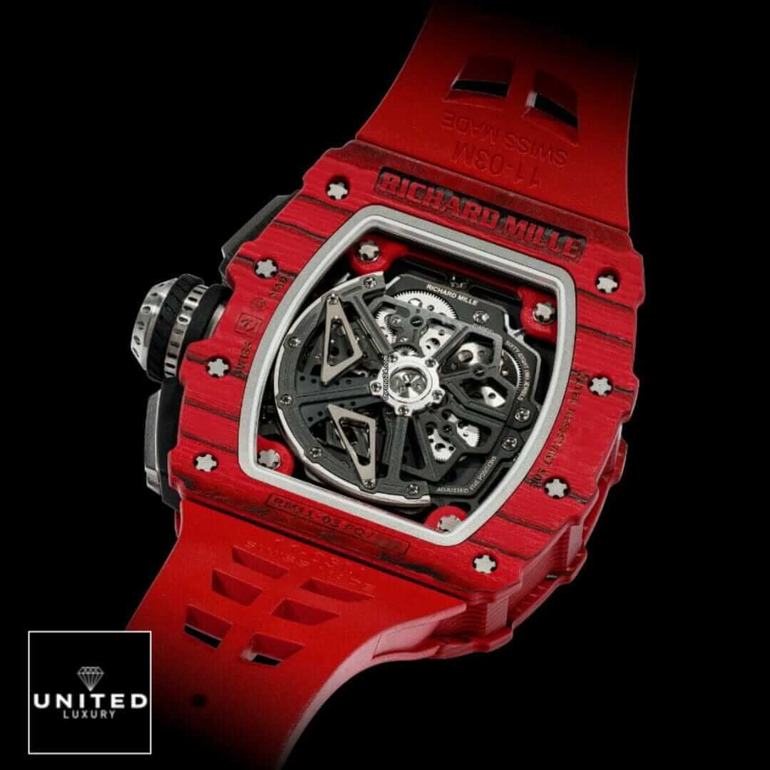 Richard Mille RM 11-03 "Red Quartz TPT" Authentic Clone 1:1 Yeni Proje 22 Richard Mille RM11 03 Red Bracelet Case Replica upside view black background