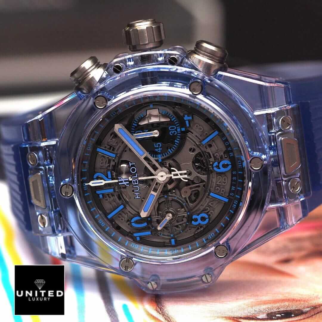 Hublot Big Bang Unico Blue Sapphire Flyback 411.JL.4809.RT Pro Clone 1:1 Yeni Proje 4 Hublot Big Bang Blue Dial Replica side view crown / push button