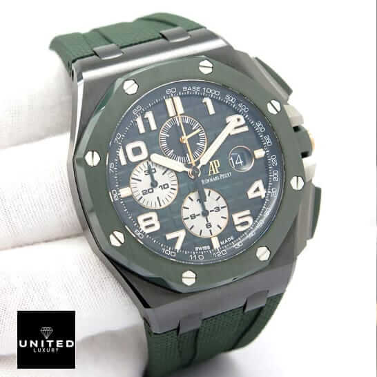 Audemars Piguet Royal Oak Offshore 26405CE.OO.A056CA.01 "Green Dial" High-End Clone Quality ap green black ceramic replica hand left 1 ap-green-black-ceramic-replica-hand-left