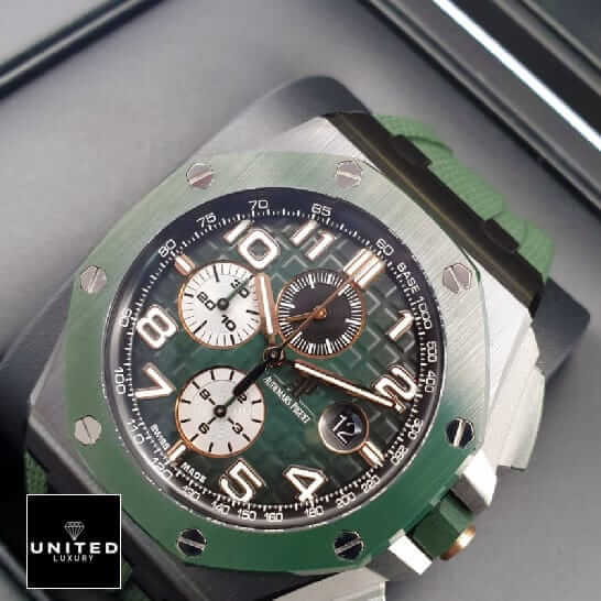 Audemars Piguet Royal Oak Offshore 26405CE.OO.A056CA.01 "Green Dial" High-End Clone Quality ap green black ceramic replica left Audemars Piguet Royal Oak Offshore 26405CE.OO.A056CA.01 "Green Dial" High-End Clone Quality ap green black ceramic replica left