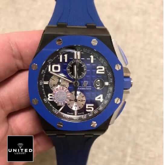 Audemars Piguet Royal Oak Offshore Chronograph 26405CE.OO.A002CA.01 "Black & Blue" Near Original Replica ap royal offshore blue replica hand2 Audemars Piguet Royal Oak Offshore Chronograph 26405CE.OO.A002CA.01 "Black & Blue" Near Original Replica ap royal offshore blue replica hand2