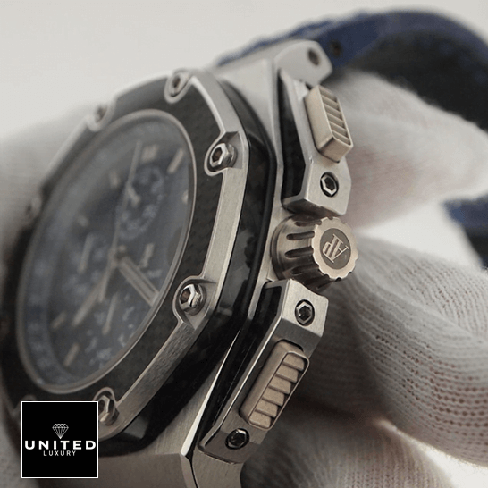 Audemars Piguet Royal Oak Offshore 26030PO.OO.D021IN.01 "Juan Pablo Montoya" Luxury Clone Quality audemars piguet royal oak offshore 26030PO.OO .D021IN.01 replica rightside AP Royal Oak 26030PO.OO_.D021IN.01 Black Bezel Replica crown & push button